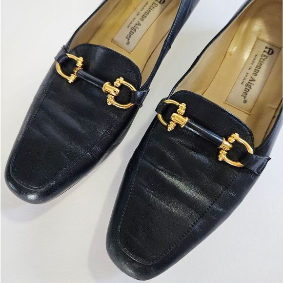 Vintage Etienne Aigner Navy Leather Horse Bit Snip Toe Carrington Loafers 8.5 - Picture 3 of 13